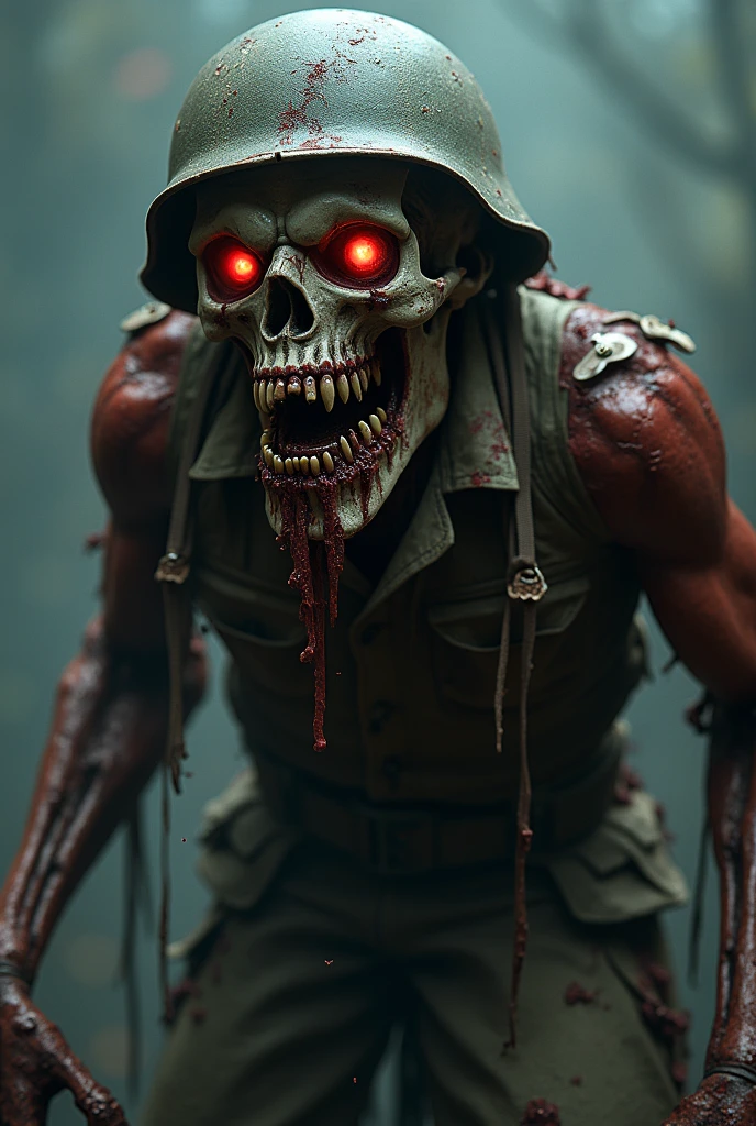 (A menacing zombie in military gear, helmet and bulletproof vest, eerie yellow eye, rotting blackened face with exposed teeth, detailed and realistic textures, pure black background, sf, intricate artwork masterpiece, ominous, matte painting movie poster, golden ratio, trending on cgsociety, intricate, epic, trending on artstation, by artgerm, h. r. giger and beksinski, highly detailed, vibrant, production cinematic character render, ultra high quality model)