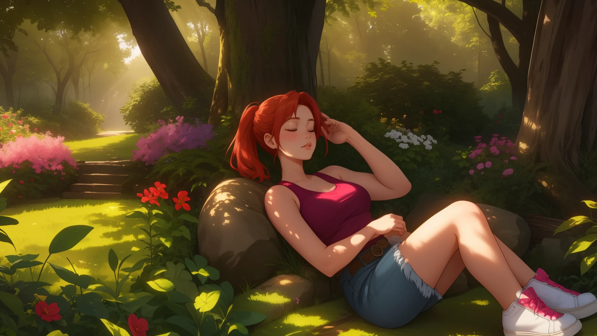 "A wide-angle, top-down view of a young woman peacefully sleeping in the middle of a lush and vibrant flower garden surrounded by numerous tall, leafy trees. The garden bursts with colors—pinks, purples, yellows, and whites—that stretch endlessly, creating a magical and serene atmosphere. The woman lies relaxed in the center, her blonde-red hair tied back, dressed in a pink tank top, long denim jeans, and white sneakers, with a plaid flannel shirt tied casually around her waist. Sunlight filters through the dense tree canopy, casting dappled light and soft shadows across the flowers and her tranquil figure. The expansive view captures the harmony of the enchanting garden and the peaceful shelter of the surrounding forest, evoking a sense of wonder and calm."
