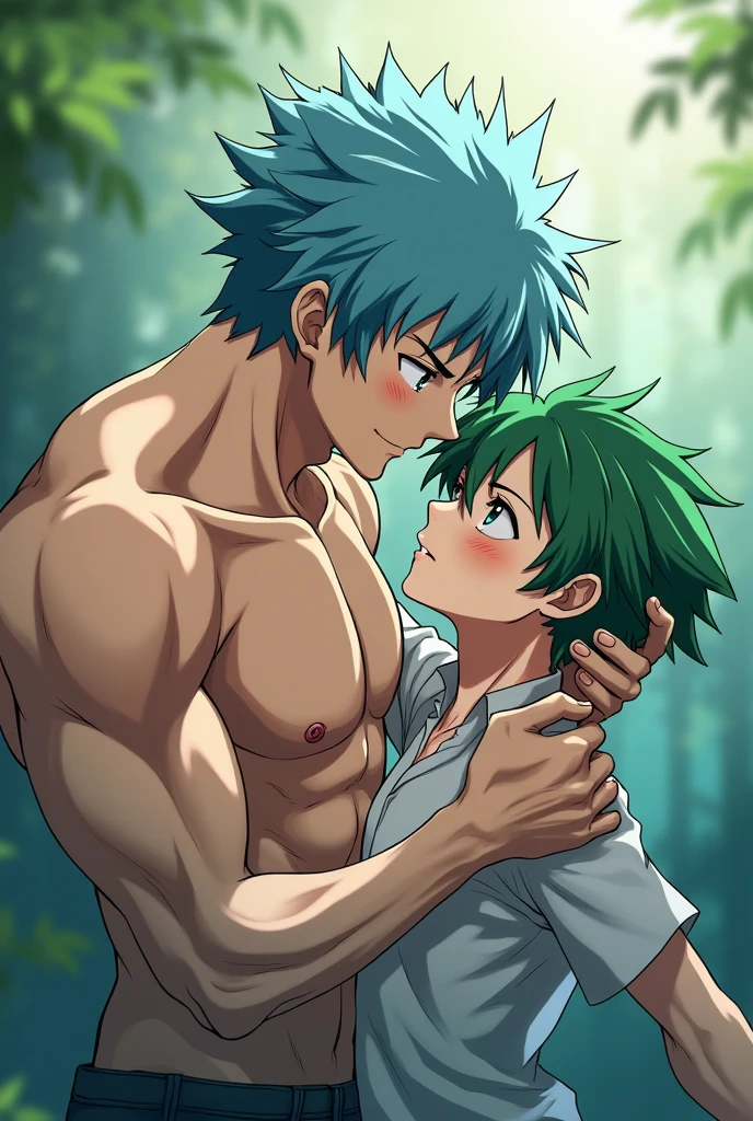 A muscular gym man, a shorter man who appears to be 20, hugging Zoro from One Piece 