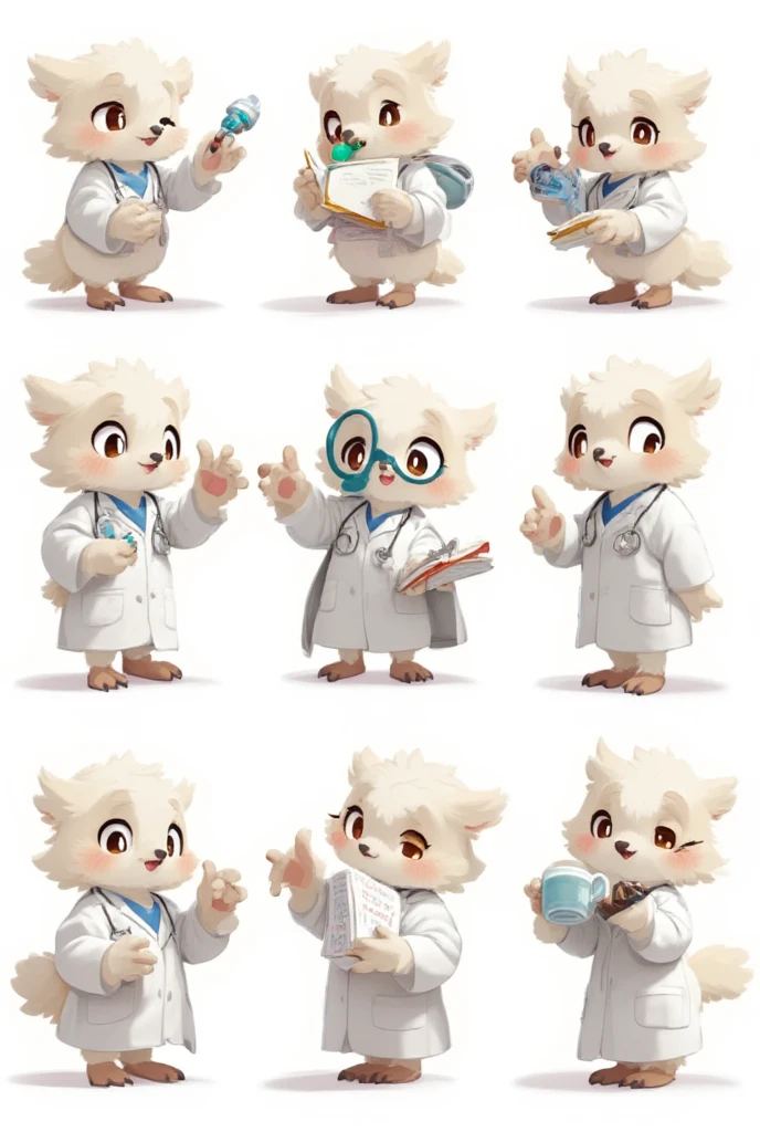 An anthropomorphic light-colored owl anesthesiologist named Som, maintaining its signature wise and professional personality. Som has soft feathers, wearing a white lab coat and a stethoscope. The character is shown performing eight different actions, all while looking directly at the camera: Holding a syringe with a confident smile, preparing for a procedure. Gesturing reassuringly with one wing, as if calming a patient. Sitting at a desk, writing notes on a clipboard with focus. Holding an oxygen mask, demonstrating its use with a gentle expression. Giving a thumbs-up gesture with a cheerful and encouraging look. Pointing at a medical chart with a teaching demeanor. Holding a coffee mug, taking a break with a relaxed expression. Standing with wings crossed, exuding calm confidence and professionalism. The background is pure white, ensuring the character is the main focus.