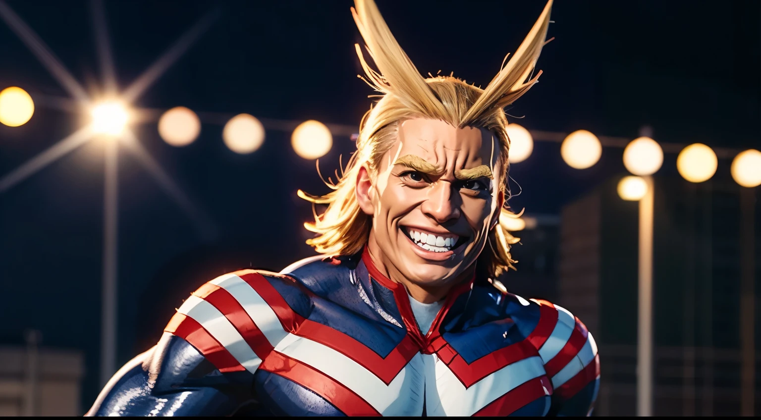 all might,  My Hero Academia , hair antenna, to smile, nice background, bokeh effect,  Professional, sharp,  natural lighting , ( masterpiece :1.2), realistic,  extremely detailed ,  intricate details , absurdities, 4K, 8k, HDR,  highres icon,