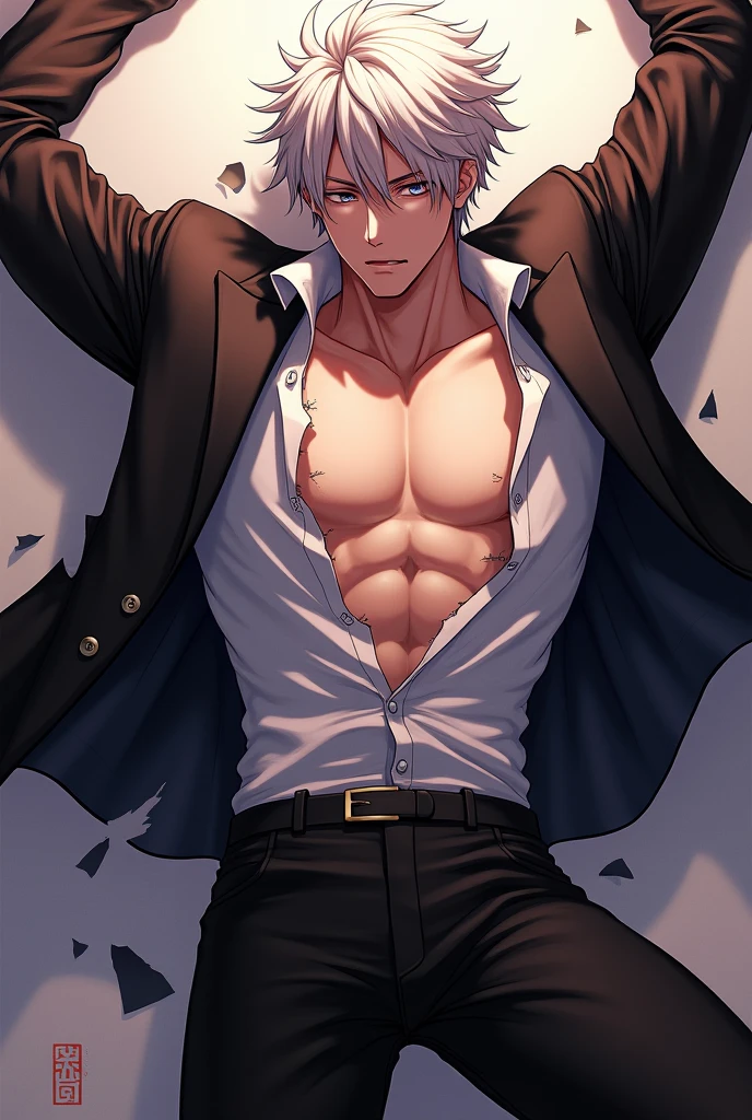 Anime guy about 16 without outerwear. Muscular with 6-pack abs and back. With white hair. Lying on the bed.