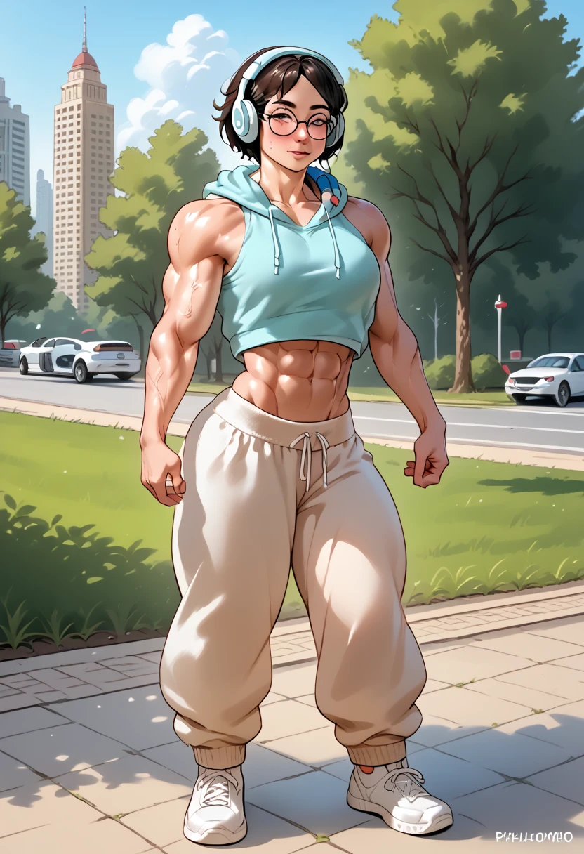 fullbody view, Ultra cute muscular nerdy woman, short hair, glasses, muscular shoulders, vascular physique, baggy sleeveless hoodie, shy cute lovely, sweatpants, oversized long baggy hoodie, ripped, shredded six pack abs, absolutely no body fat, perfect muscle definition, badass, breathtaking, gorgeous, gentle, headphones around neck, in park outside, ultra ripped shredded muscular sic pack abs, ((((veins everywhere))))