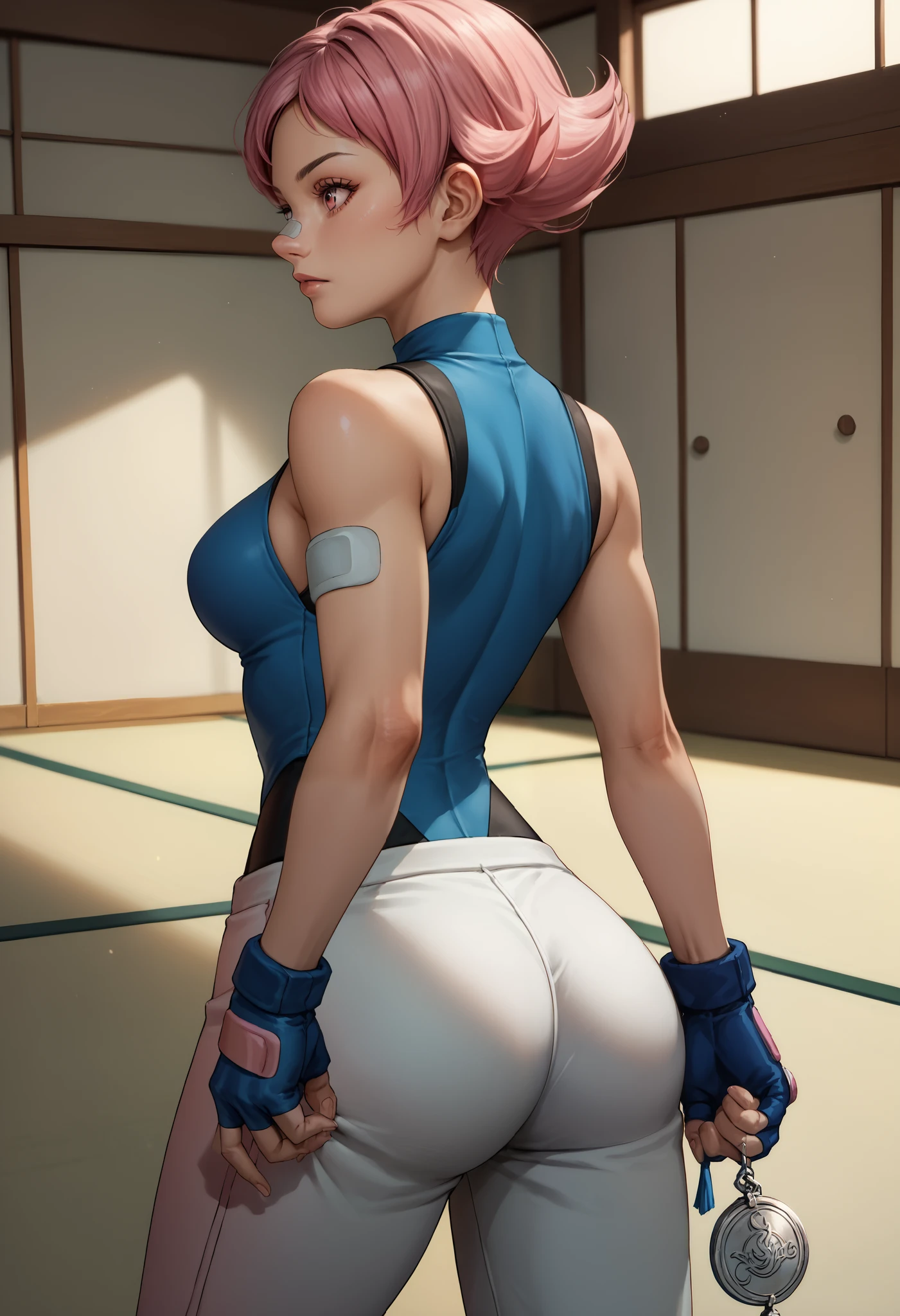 score_9, score_8_up, score_7_up, source_anime, 1girl, dojo, solo, maylene (pokemon), holding a silver medal, pink eyes, pink hair, breasts, short hair, eyelashes, pointy hair, white pants, blue gloves, bandaid, bandaid on arm, bodysuit, fingerless gloves, spandex, sleeveless, from behind, looking away, ass, cowboy shot,