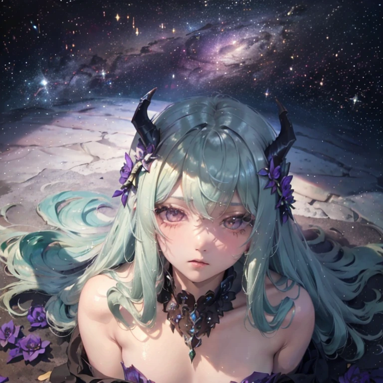  a boy with silvery-green hair that fell in soft waves ,  and in the middle of them stood out horns adorned with belladonna flowers and poppies, its wings are formed by delicate petals ,  in shades that varied between purple and gold .