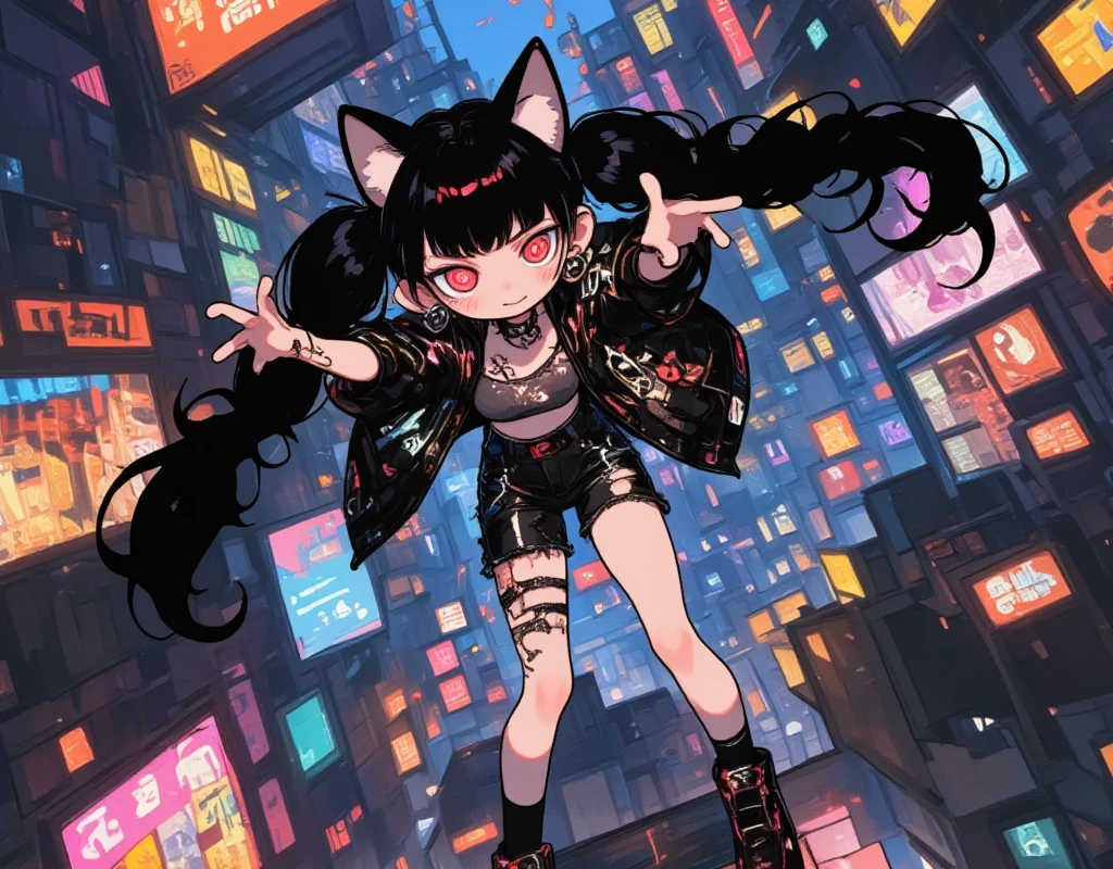  girl\( cute, Cute,  Evil Smiles , black hair, long hair,Twin tail hair,  red eyes,  short hair jacket with shining eyes , big eyes,chest, Punk Fashion, torn clothes , Tight Tube Tops,Tight hot pants,The stomach is visible, ripped black short jacket ,Fluffy black cat ears, The sky above the city at night ,  is flying from building to building,  dynamic pose :1.3