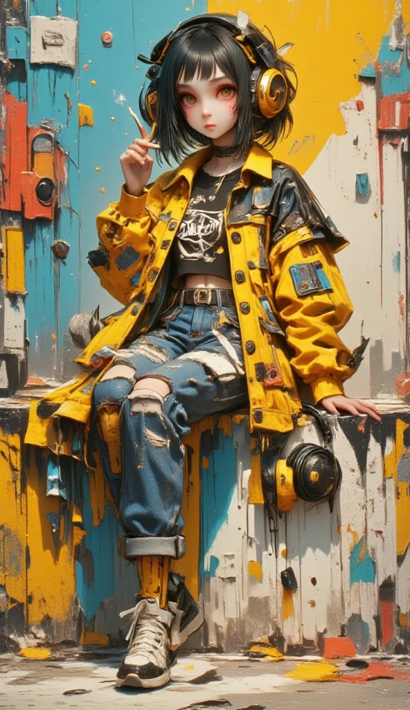   painting of a woman sitting on a wall smoking a cigarette  ,   wearing headphones this one with the feet resting on the headset with the legs crossed,  sneakers ,   yellow coat jacket with geometric patterns  ,   falls on the shoulders  ,   rolled jeans  ,   the lower part of the wall is peeled with cyan colors  ,   blue yellow and orange   ,  black sweatshirt with inscriptions  ,  Look slightly down  ,   with one hand on the cigarette  ,   straight hair with a stripe in the middle  , Shiny hair,    cyberpunk art inspired by Yanjun Cheng  ,   trend in ArtStation  , street art,   artwork in the style of Guweiz  , guweiz, guweiz&#39;s Masterpiece , guweiz on ArtStation Pixiv, Cyberpunk streetwear, trending on cgstation, guweiz on pixiv artstation, Style Ross Tran