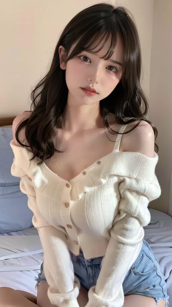 masterpiece,small bust, realistic,detailed eyes and lips, beautiful hair, delicate features, soft and innocent look, wearing a dress, bask in the warm sunshine, Enjoy the breeze,Create a warm and cozy atmosphere、An ennui look、rosy cheeks、Photographed from directly below、 thighs thighs、on the bed in the bedroom、sexy pose