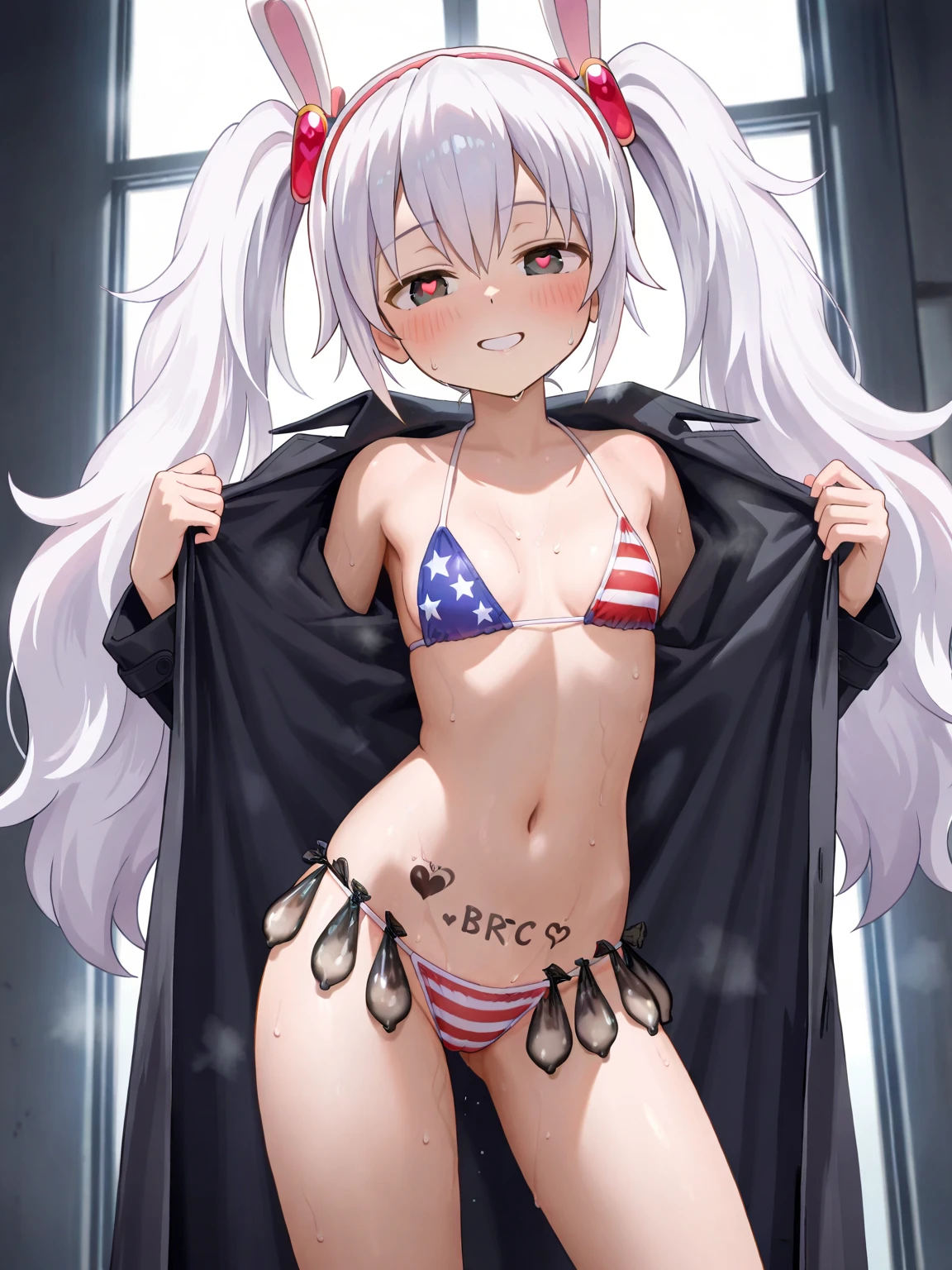 score_9, score_8_up, score_7_up,masterpiece, best quality, (anime screencap),(source_anime), anatomically correct,good hands,only 5 fingers,2d,
(front view,girl focus),1girl,solo,laffey,
(long coat), (american bikini:1.2),standing,contrapposto,model posing,sweat,steaming body,only human ears,
smile,grin,blush,sad,looking at viewer,after cheating,open coat,learning forward,(used black condoms,condom belt:1.2),blank eyes,((heart in eyes)),(text on body,text:"BBC":1.3)