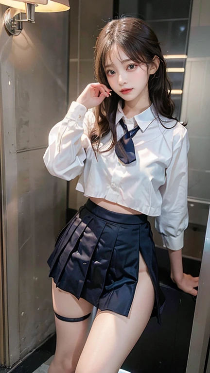 the Extremely Detailed CG Unity 8K Wallpapers、top-quality、ultra-detailliert、masterpiece、realisitic、Photo Real、extremely detailed cute girl、18year old、(High school student in Japan uniform)、red blush、cparted lips、looking at the viewers、Semi-body shot、(Scenery of the rainy season)、(Japan high school uniform and designated shoes)、(short plaid skirt:1.5)、(Short sleeve white shirt for students)、 (neck tie:1.2)、(light brown random hair)、(beauitful face:1.3)、(perfectly proportions:1.2)、(Long feet:1.2)、(small tits:1.3)、(Textured skin)、Looks Back、over the shoulder view、focused shot、((Blouse wet from rain、The brusher can see through))、(The bra on the back shows through)、smirk grin、((wetting hair、wetted skin))、((The upper part of the body))、Angle from above、tits out、(See-through wet white blouse:1.5)