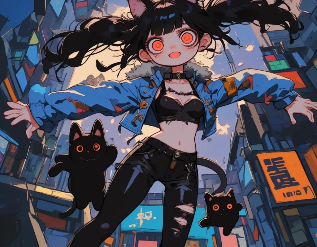  girl\( cute, Cute,  Evil Smiles , black hair, long hair,Twin tail hair,  red eyes,  short hair jacket with shining eyes , big eyes,chest, Punk Fashion, torn clothes , Tight Tube Tops,Tight hot pants,The stomach is visible, ripped black short jacket ,Fluffy black cat ears, The sky above the city at night , It is moving by jumping from the roof of the building to the roof of the building,  dynamic pose :1.3