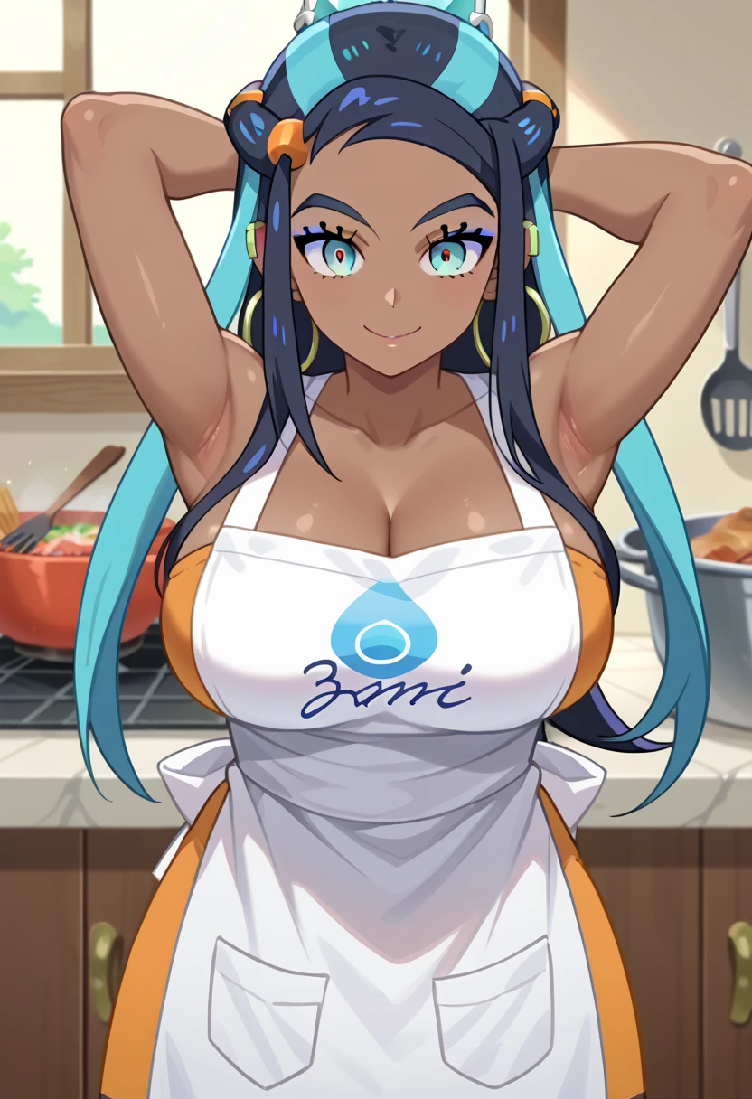 score_9, score_8_up, score_7_up, best quality, source_anime, anime screencap, clear face, brown skin, (((1))) large breasts, cleavage,NSFW,((cooking apron)),nessa,Smile, in kitchen, showing, front view, showing armpit