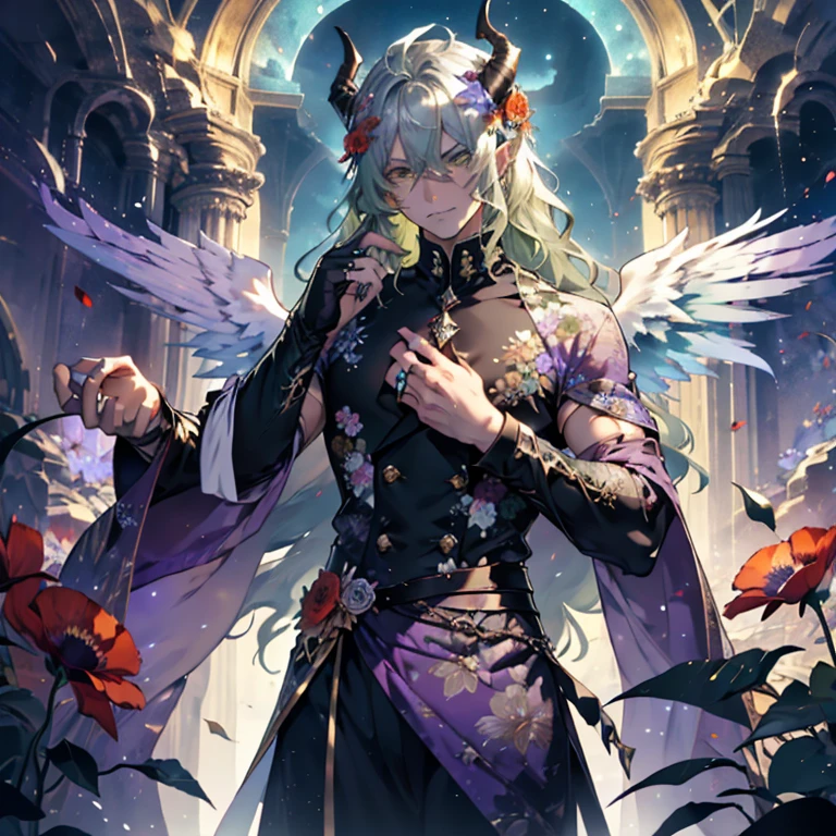 a man with silvery-green hair that fell in soft waves,  and in the middle of them stood out horns adorned with belladonna flowers and poppies, its wings are formed by delicate petals ,  in shades that varied between purple and gold .