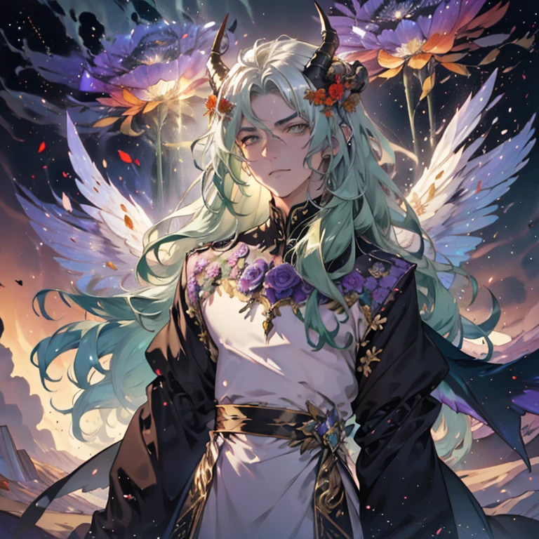 a man with silvery-green hair that fell in soft waves,  and in the middle of them stood out horns adorned with belladonna flowers and poppies, its wings are formed by delicate petals ,  in shades that varied between purple and gold .