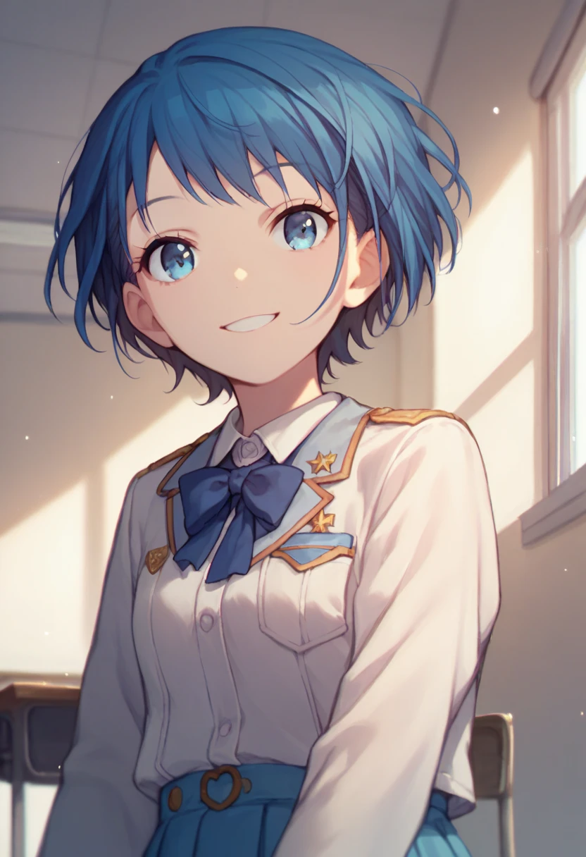 One girl,alone,kiritani haruka,Blue Hair,Blue Eyes,project sekai,Short Hair,cute,cute,smile,uniform,School classroom,