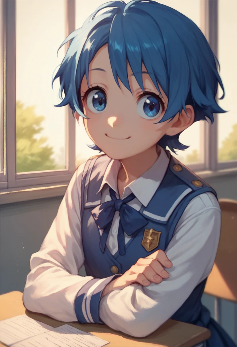 One girl,alone,kiritani haruka,Blue Hair,Blue Eyes,project sekai,Short Hair,cute,cute,smile,uniform,School classroom,