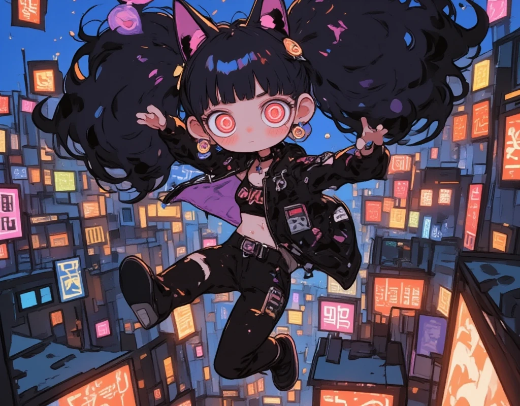  girl\( cute, Cute,  Evil Smiles , black hair, long hair,Twin tail hair,  red eyes,  short hair jacket with shining eyes , big eyes,chest, Punk Fashion, torn clothes , Tight Tube Tops,Tight hot pants,The stomach is visible, ripped black short jacket ,Fluffy black cat ears,  and jump with your left leg raised, Move your right leg back , The sky above the city at night , It is moving by jumping from the roof of the building to the roof of the building,  dynamic pose :1.3