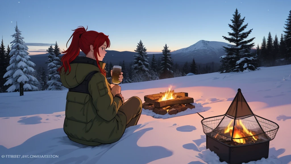 "A tranquil winter camping scene atop a snowy mountain, evoking a serene and adventurous mood. A young woman with blonde-red hair tied in a sleek ponytail is sitting near a modern campfire with a warm, flickering glow, surrounded by advanced yet nature-inspired camping gear. She wears a long brown tank top layered with a cozy winter jacket and rugged cargo pants, suitable for the snowy conditions. The tent, designed with contemporary technology, is partially open, revealing a snug interior with minimalistic yet stylish winter camping essentials. Snowflakes gently fall, blanketing the surrounding evergreen trees and creating a glistening, frosty landscape under the soft twilight sky. The atmosphere is both peaceful and magical, highlighting her connection with nature in the heart of winter."
