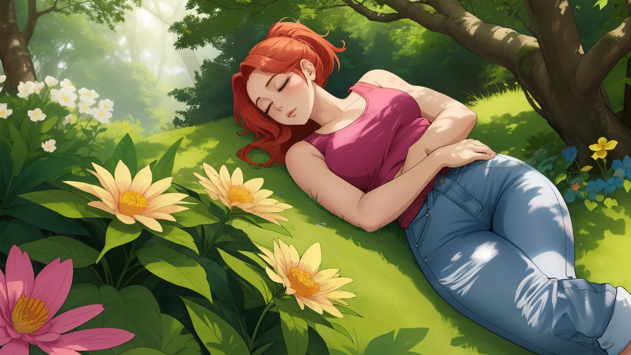 "A wide-angle, top-down view of a young woman peacefully sleeping in the middle of a lush and vibrant flower garden surrounded by numerous tall, leafy trees. The garden bursts with colors—pinks, purples, yellows, and whites—that stretch endlessly, creating a magical and serene atmosphere. The woman lies relaxed in the center, her blonde-red hair tied back, dressed in a pink tank top, long denim jeans, and white sneakers, with a plaid flannel shirt tied casually around her waist. Sunlight filters through the dense tree canopy, casting dappled light and soft shadows across the flowers and her tranquil figure. The expansive view captures the harmony of the enchanting garden and the peaceful shelter of the surrounding forest, evoking a sense of wonder and calm."
