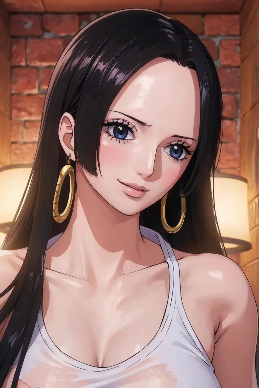 (((masterpiece))), (((best quality))), ((ultra-detailed)), (highly detailed CG illustration), Boa Hancock, (nsfw:1.5), (masterpiece:1.5), Detailed Photo, Sexy, (Best Quality: 1.4), (1girl), Beautiful Face, (black Hair, long Hair: 1.3), Beautiful Hairstyle, beautiful detail eyes, (realistic skin), beautiful skin, absurd, attractive, ultra high resolution, high definition, (sexually aroused:1.5), Pinkish white skin, cool white light, sexy pose, Beautiful , white background, pink soft white light, Wear a white tank top, (bukkake:1.8), mature, onee-san