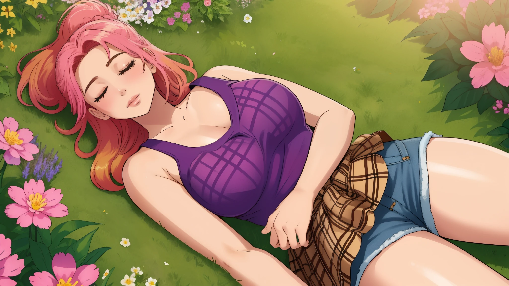 "A wide-angle, top-down view of a woman peacefully sleeping in the middle of a vast and vibrant flower garden. She is surrounded by an ocean of colorful blossoms—pinks, purples, yellows, and whites—that stretch out in every direction, creating a breathtakingly magical landscape. The woman lies relaxed with her blonde-red hair tied back, wearing a pink tank top, denim shorts, and white sneakers, with a plaid flannel shirt tied casually around her waist. The sunlight bathes the scene in a soft, golden glow, casting subtle shadows and highlighting the intricate details of the flowers. The expansive perspective captures not only her tranquil pose but also the sheer beauty and wonder of the endless garden, evoking a sense of peace and enchantment."
