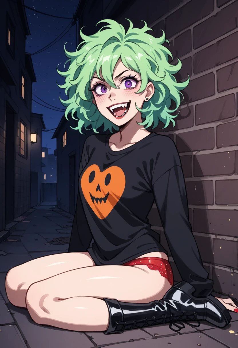 ((()))、((( Young woman with long green hair))、 (purple eyes, square face  ),   fair skin ,(((orange shirt,black shirt,two-tone shirt))) +   red panties ,  black boots, vampire teeth , glitter and makeup , alley in the city center  , to smile,  sitting , no beco , The raised chin  , Scream, crazy look,  long and disheveled hair  ,night,dark,night