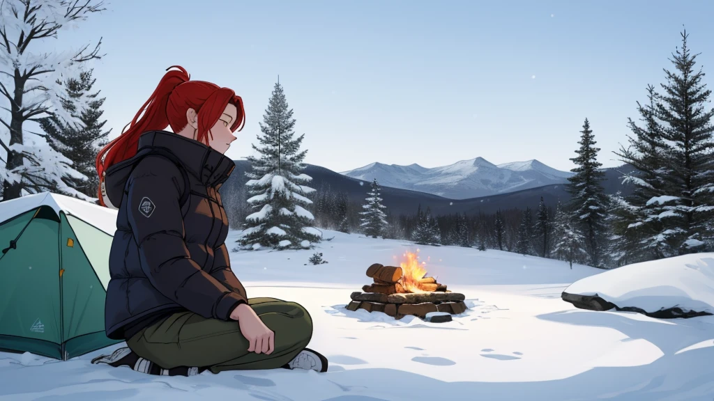 "A tranquil winter camping scene atop a snowy mountain, evoking a serene and adventurous mood. A young woman with blonde-red hair tied in a sleek ponytail is sitting near a modern campfire with a warm, flickering glow, surrounded by advanced yet nature-inspired camping gear. She wears a long brown tank top layered with a cozy winter jacket and rugged cargo pants, suitable for the snowy conditions. The tent, designed with contemporary technology, is partially open, revealing a snug interior with minimalistic yet stylish winter camping essentials. Snowflakes gently fall, blanketing the surrounding evergreen trees and creating a glistening, frosty landscape under the soft twilight sky. The atmosphere is both peaceful and magical, highlighting her connection with nature in the heart of winter."
