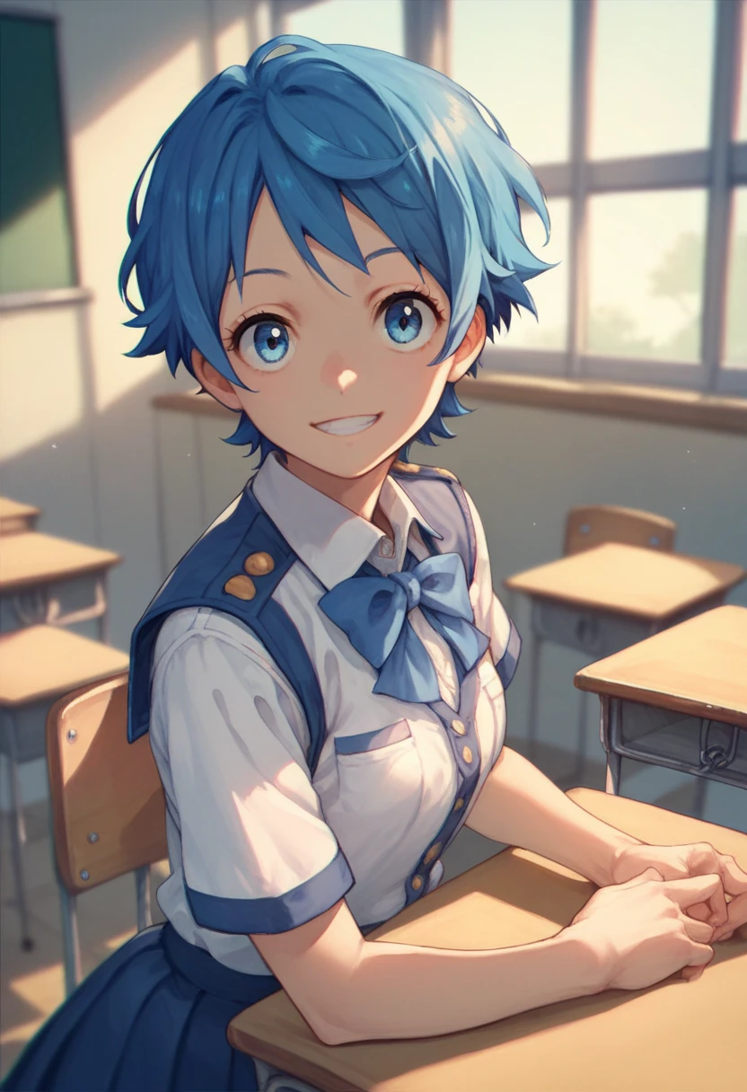 One girl,alone,kiritani haruka,Blue Hair,Blue Eyes,project sekai,Short Hair,smile,uniform,School classroom,