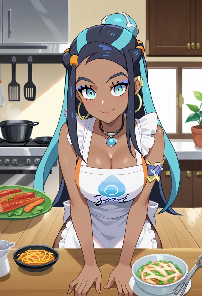 score_9, score_8_up, score_7_up, best quality, source_anime, anime screencap, clear face, brown skin, (((1))) large breasts, cleavage,NSFW,((cooking apron)),nessa,Smile, in kitchen, showing, front view, sitting in kitchen table