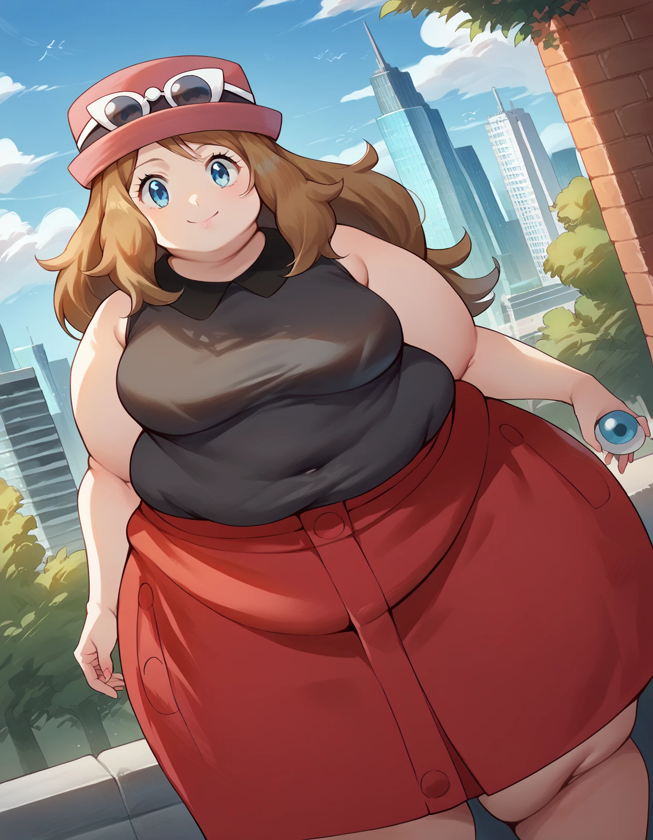 score_9, score_8_up, score_7_up, source_anime,
pokemonserena, serena, long hair, blue eyes, brown hair, smile,
eyewear on head, hat, skirt, sunglasses, shirt, black shirt, sleeveless, red skirt, pink hat,
outdoors, cityscape,
looking at viewer, cowboy shot, dutch angle, obese 