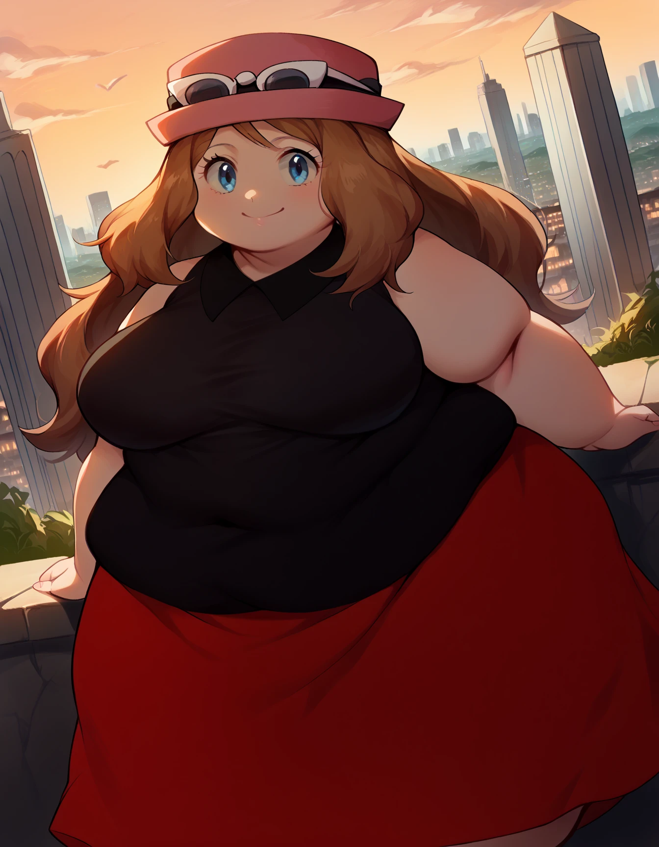 score_9, score_8_up, score_7_up, source_anime,
pokemonserena, serena, long hair, blue eyes, brown hair, smile,
eyewear on head, hat, skirt, sunglasses, shirt, black shirt, sleeveless, red skirt, pink hat,
outdoors, cityscape,
looking at viewer, cowboy shot, dutch angle, obese 