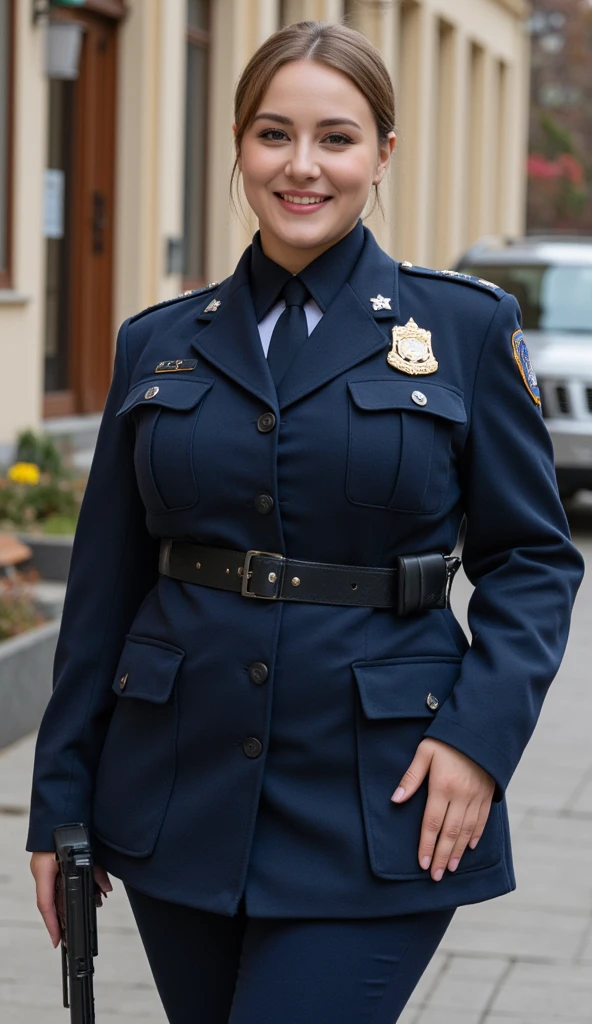 RAW photo of a london police woman standing on a crowded street <lora:British_Police_Uniform:1>