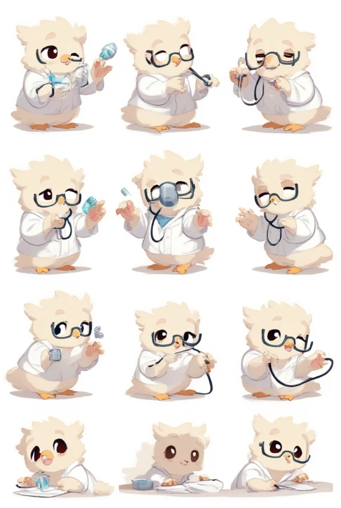 "An anthropomorphic light-colored owl anesthesiologist named Som, maintaining its signature wise and professional personality. Som has soft feathers, expressive eyes, and small glasses perched on its beak, wearing a white lab coat and a stethoscope. The character is shown performing eight different actions, all while looking directly at the camera:

Holding a syringe with a confident smile, preparing for a procedure.
Gesturing reassuringly with one wing, as if calming a patient.
Sitting at a desk, writing notes on a clipboard with focus.
Holding an oxygen mask, demonstrating its use with a gentle expression.
Giving a thumbs-up gesture with a cheerful and encouraging look.
Using a stethoscope to listen, showing attentiveness.
Holding a vial of medicine up to the light, inspecting it carefully.
Standing with wings open wide, as if presenting or welcoming, exuding calm confidence and professionalism.
The background is pure white, ensuring the character is the main focus.