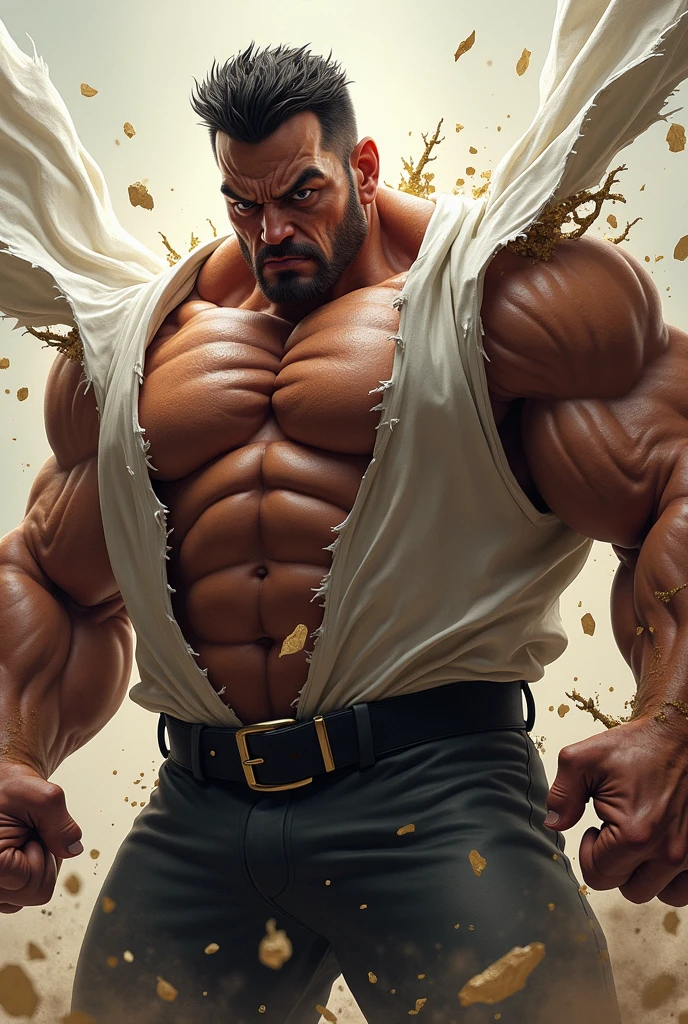Muscular man tears apart his satin pants