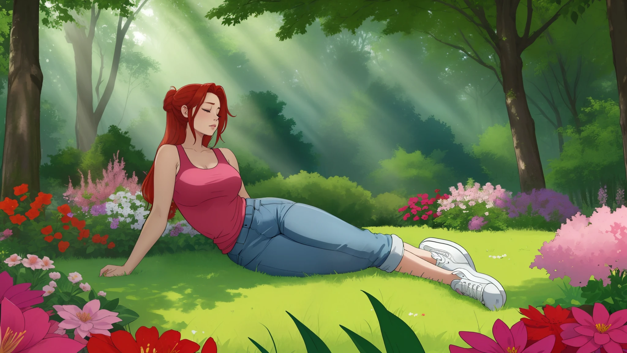 "A wide-angle, top-down view of a young woman peacefully sleeping in the middle of a lush and vibrant flower garden surrounded by numerous tall, leafy trees. The garden bursts with colors—pinks, purples, yellows, and whites—that stretch endlessly, creating a magical and serene atmosphere. The woman lies relaxed in the center, her blonde-red hair tied back, dressed in a pink tank top, long denim jeans, and white sneakers, with a plaid flannel shirt tied casually around her waist. Sunlight filters through the dense tree canopy, casting dappled light and soft shadows across the flowers and her tranquil figure. The expansive view captures the harmony of the enchanting garden and the peaceful shelter of the surrounding forest, evoking a sense of wonder and calm."
