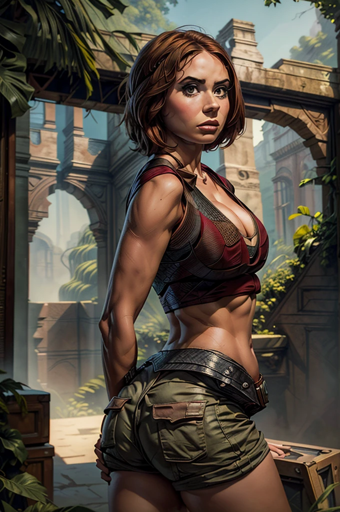 beautiful detailed eyes, beautiful detailed lips, extremely detailed eyes and face, long eyelashes, 1girl, cosplay, Kim Possible cosplays as Aloy from Horizon games, intricate detailed costume, high quality 3D render, cinematic lighting, photorealistic, hyper detailed, vibrant colors, warm lighting, dramatic pose, dynamic action, epic fantasy, human anatomy, no bra