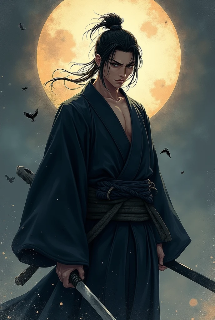 A modern take on Japanese kaiga (Painting) style painting mixed with anime style art of a rugged dark haired Japanese samurai wearing a dark kimono and standing in front of a dark beautiful background.
