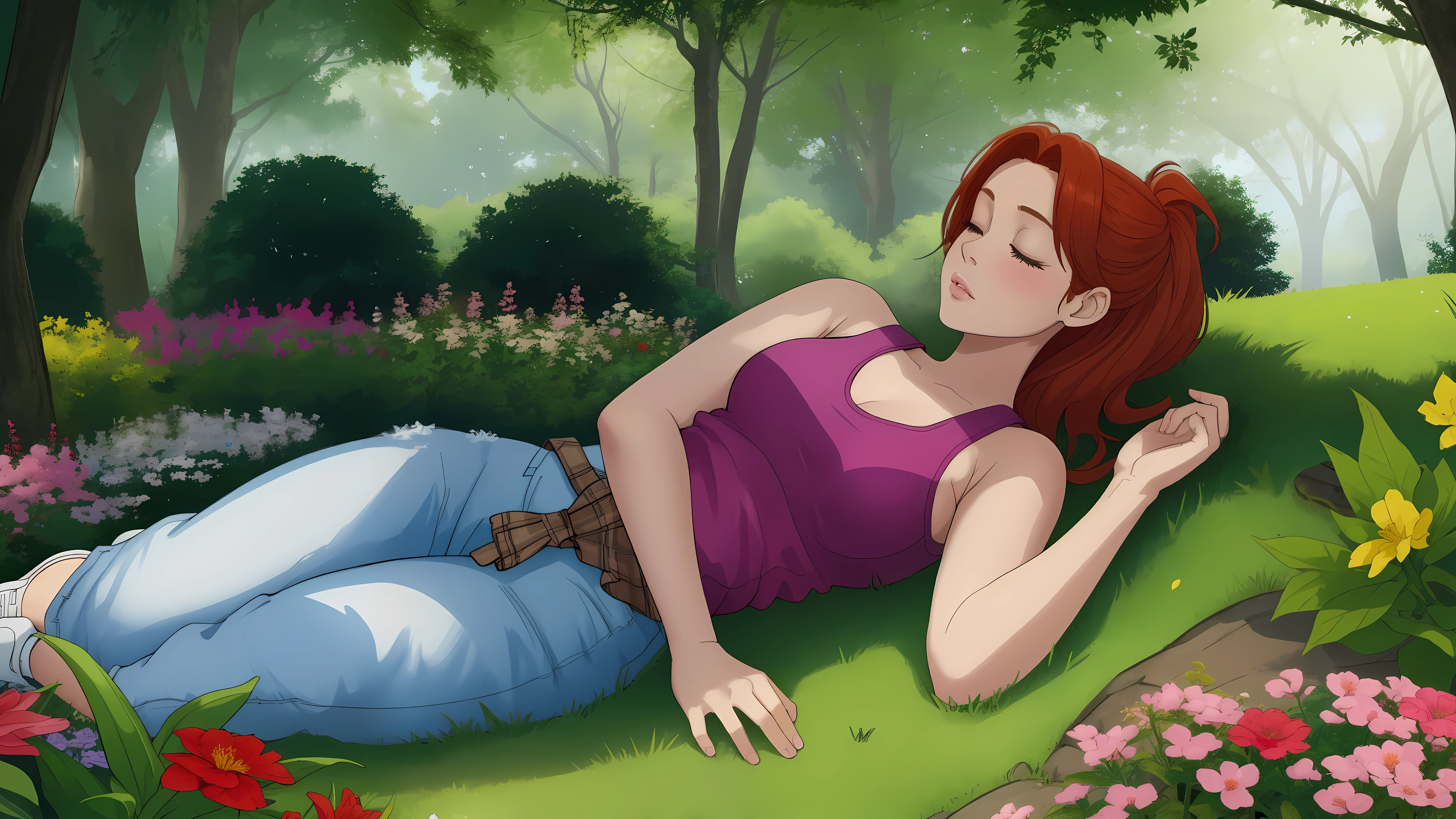 "A wide-angle, top-down view of a young woman peacefully sleeping in the middle of a lush and vibrant flower garden surrounded by numerous tall, leafy trees. The garden bursts with colors—pinks, purples, yellows, and whites—that stretch endlessly, creating a magical and serene atmosphere. The woman lies relaxed in the center, her blonde-red hair tied back, dressed in a pink tank top, long denim jeans, and white sneakers, with a plaid flannel shirt tied casually around her waist. Sunlight filters through the dense tree canopy, casting dappled light and soft shadows across the flowers and her tranquil figure. The expansive view captures the harmony of the enchanting garden and the peaceful shelter of the surrounding forest, evoking a sense of wonder and calm."
