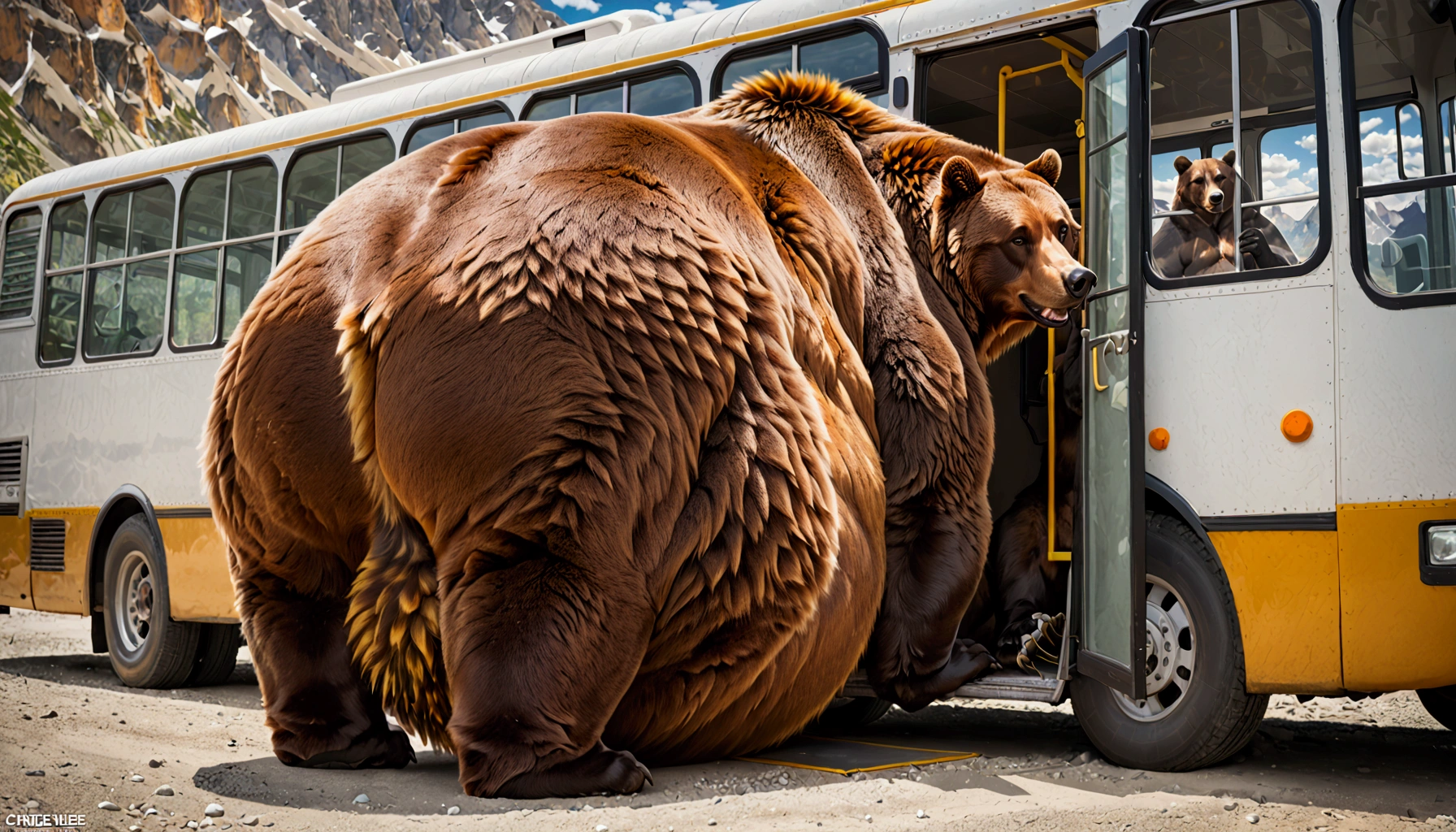 A massive grizzly bear with an unbelievably extremely massive belly, so heavy it drags along the ground, struggles to fit through the narrow doorway of a bus. Its belly presses tightly against the edges of the frame, bulging slightly as it slowly pushes forward, causing the bus to creak under the strain. The bear's fur brushes against the door as it inches through, its sheer size making the task difficult but not impossible, creating a tense yet humorous moment.