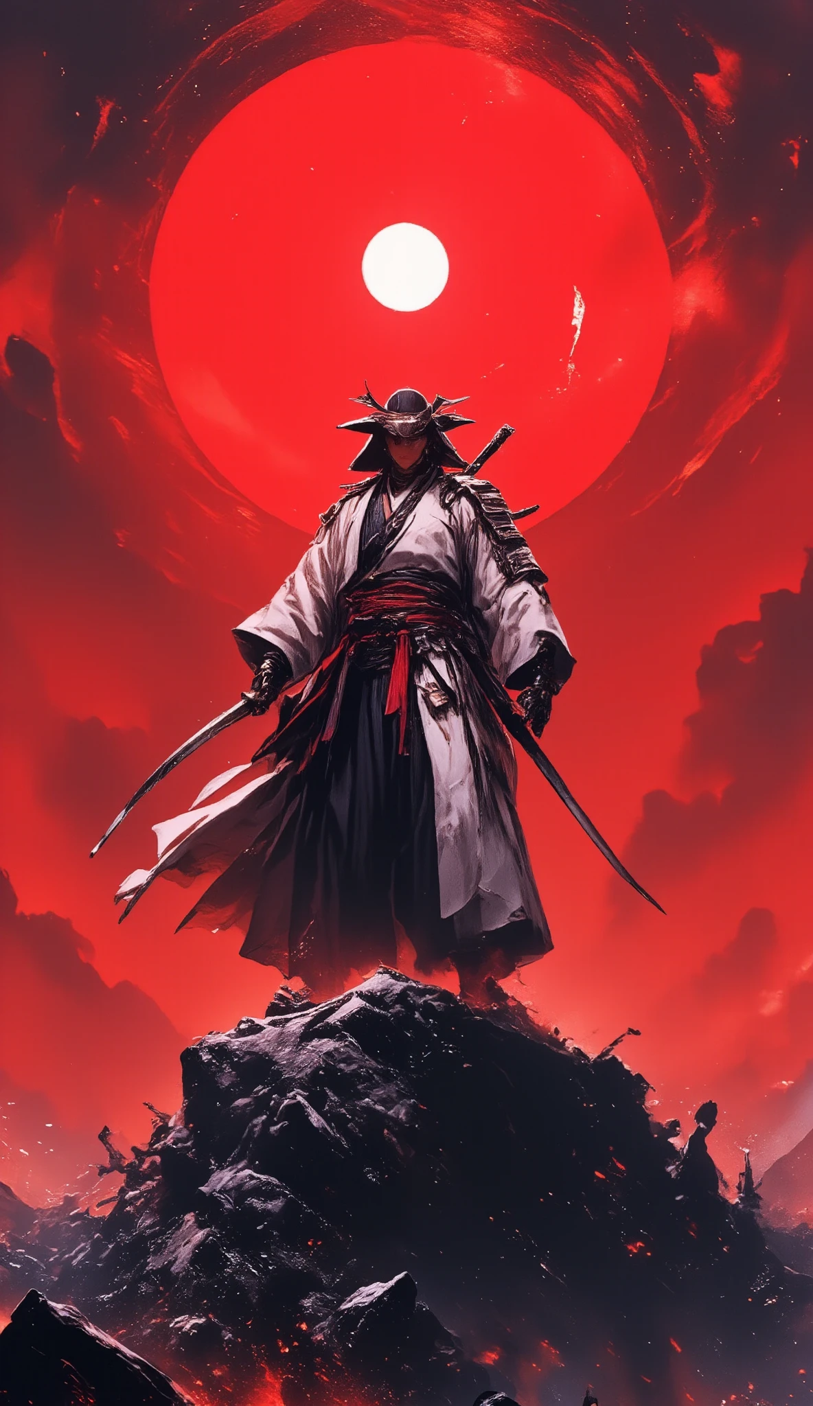an image of a samurai with his katana in 3 colors , white ,black and red, subido a una cima de la montaña en el centro de la imagen esta el sol en white la montaña negro el cielo rojo