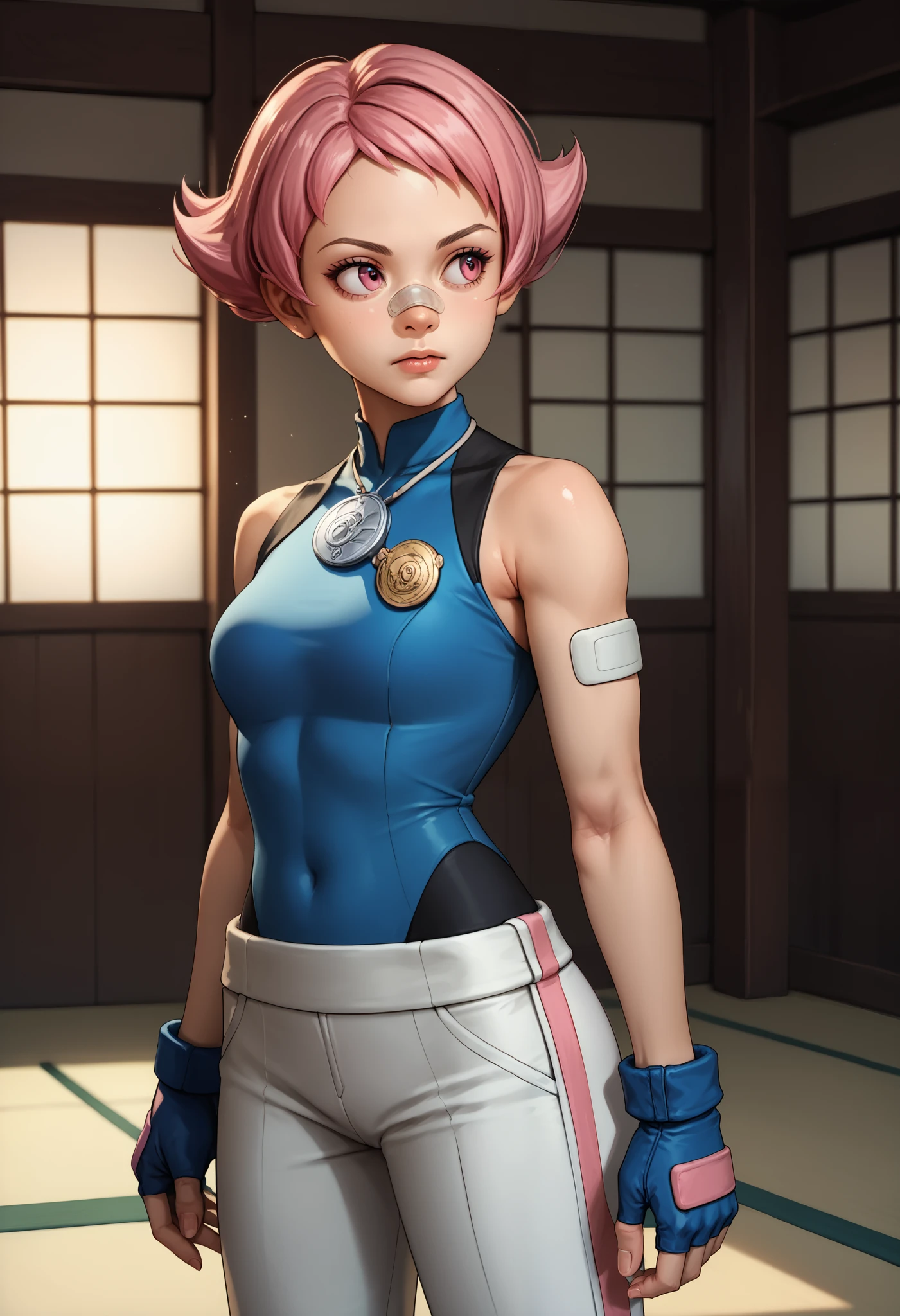 score_9, score_8_up, score_7_up, source_anime, 1girl, dojo, solo, maylene (pokemon), wearing a silver medal, silver medal, pink eyes, pink hair, short hair, eyelashes, pointy hair, white pants, blue gloves, bandaid on nose,  bandaid, bandaid on arm, bodysuit, fingerless gloves, spandex, sleeveless, looking away, cowboy shot, 