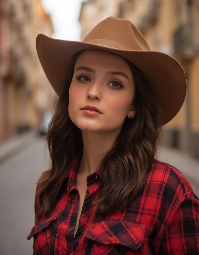 A striking portrait of Larissa Manoela, tanned brunette beautiful girl , (SFW), ((photorealistic)), (masterpiece), (best quality:1.3), absurdness, [:intricate details1.3], SFW, realistic, masterpiece, (foto RAW, una bella joven con sombrero vaquero posando, wearing a red lumberjack shirt ,Background of Barcelona's Gothic Quarter, 8k UHD, DSLR, soft illuminaotion, Alta calidad de imagen, movie grain, Fujifilm XT3