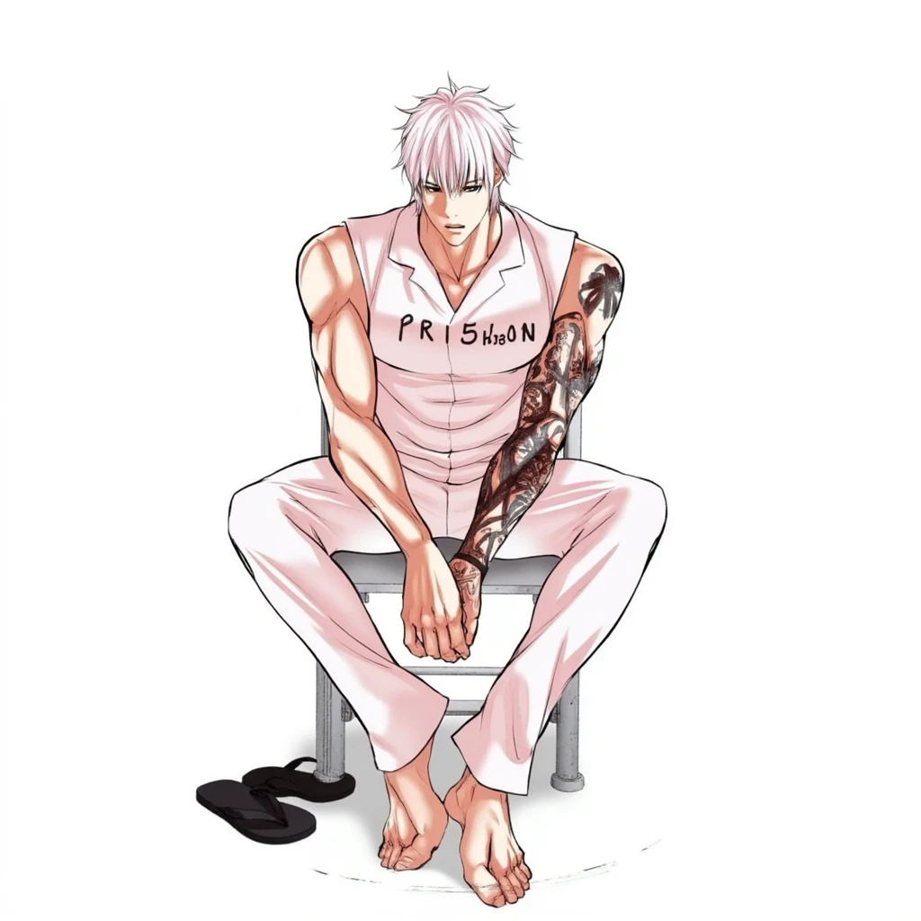 A character from "Lookism Manhwa" featuring a muscular man with short, spiky white hair and a stern expression, wearing a white jumpsuit with "Prison" written on the chest. He is sitting on a metal chair with his legs crossed, one hand resting on his knee, and the other holding a cigarette. He has a tattoo on his left arm and a serious, intense gaze. The background is plain white, and there is a pair of black flip-flops on the ground. The style is detailed and realistic, with a focus on the character's physique and expression.