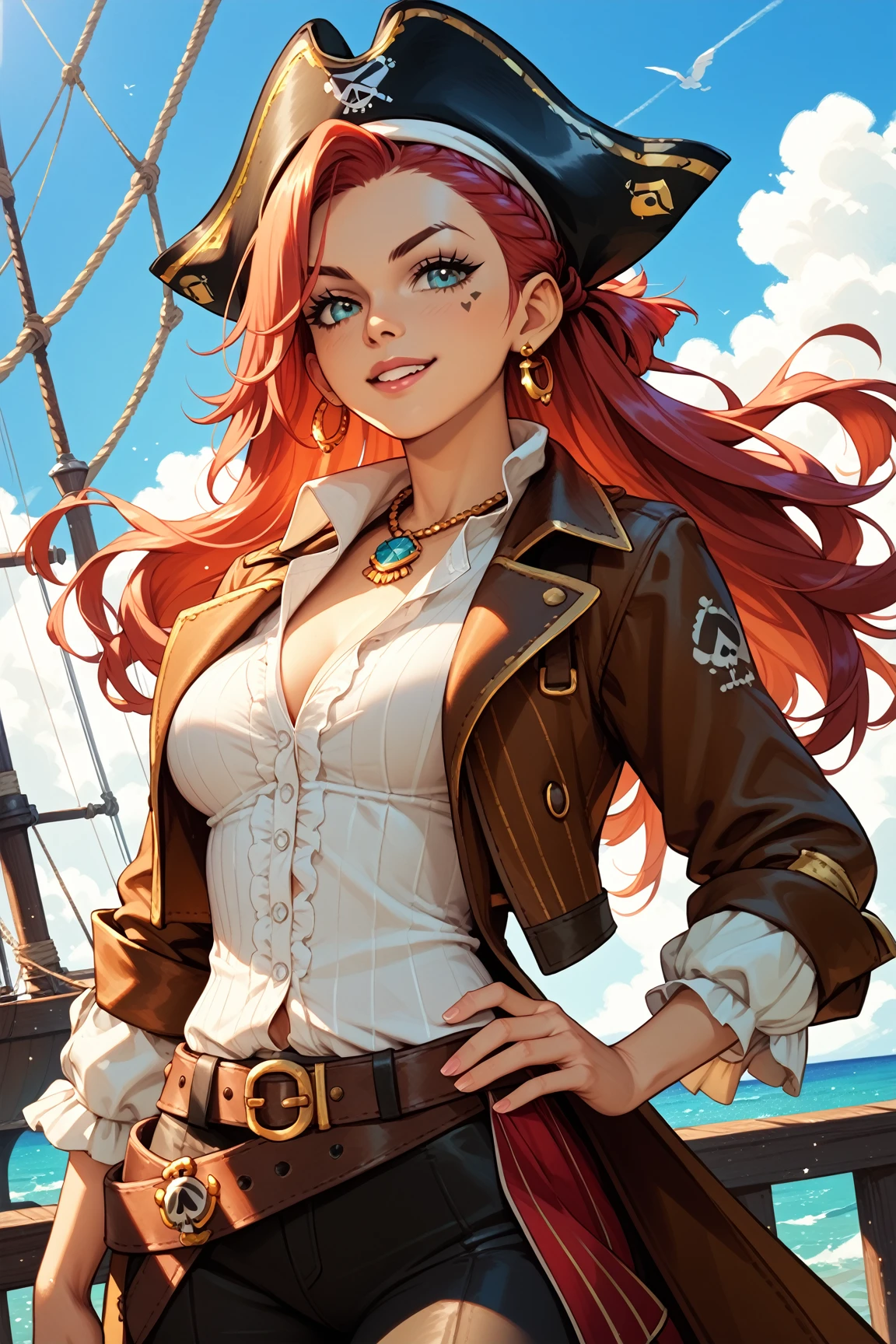 (((masutepiece+Best Quality+High resolution+Ultra-detailed))), 1girl with clima-tact, Nami, long silky orange hair, High Nose, Sharp eyes, noble and inviolable temperament, (([Female]: 1.2 + [Beauty]: 1.2 + Orange long hair: 1.2)), pirate ship background, Blue sky, Clouds, Bracelets, white long sleeve mini dress and donned another belt, Bright eyes, dynamic angle and posture.