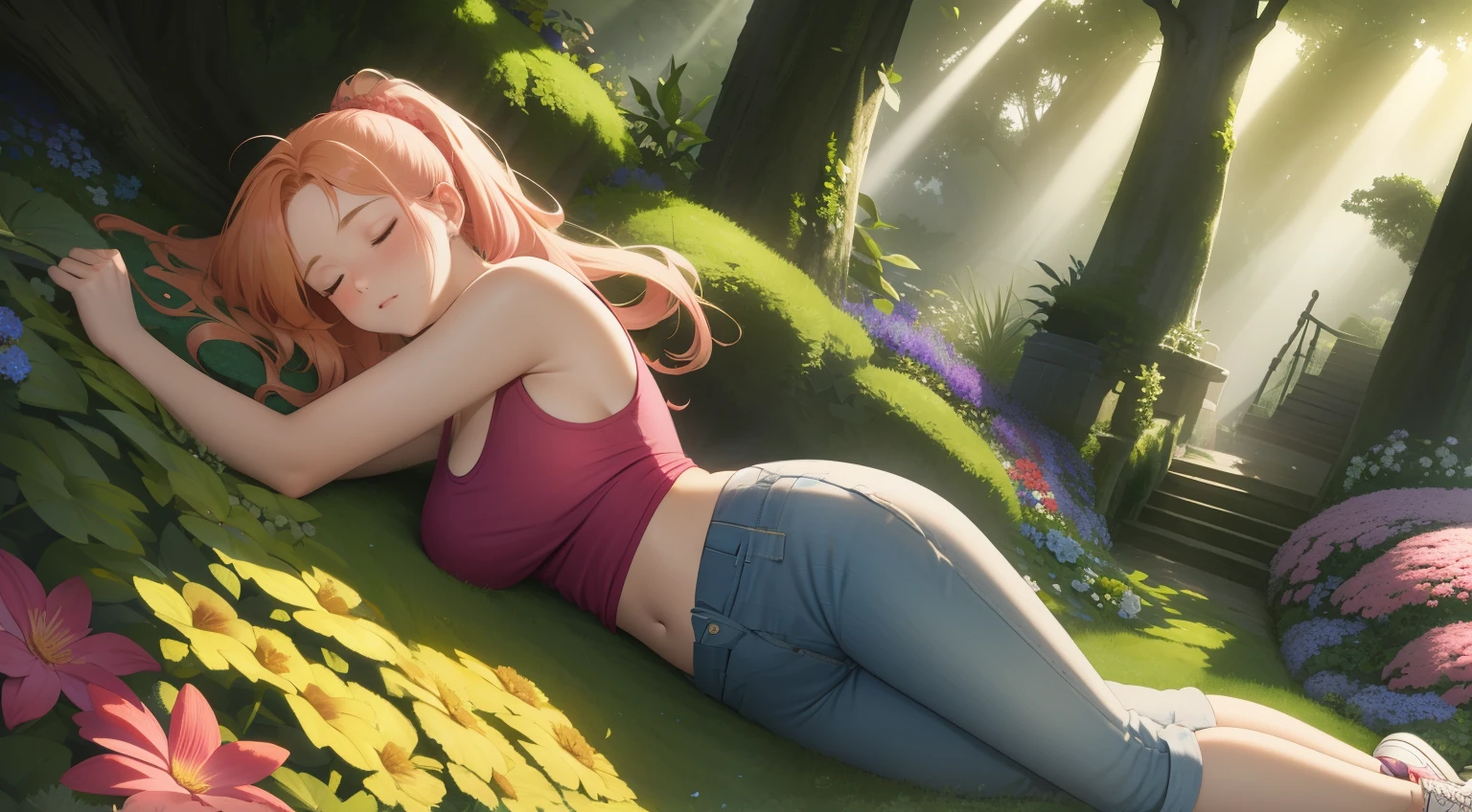 "A wide-angle, top-down view of a young woman peacefully sleeping in the middle of a lush and vibrant flower garden surrounded by numerous tall, leafy trees. The garden bursts with colors—pinks, purples, yellows, and whites—that stretch endlessly, creating a magical and serene atmosphere. The woman lies relaxed in the center, her blonde-red hair tied back, dressed in a pink tank top, long denim jeans, and white sneakers, with a plaid flannel shirt tied casually around her waist. Sunlight filters through the dense tree canopy, casting dappled light and soft shadows across the flowers and her tranquil figure. The expansive view captures the harmony of the enchanting garden and the peaceful shelter of the surrounding forest, evoking a sense of wonder and calm."