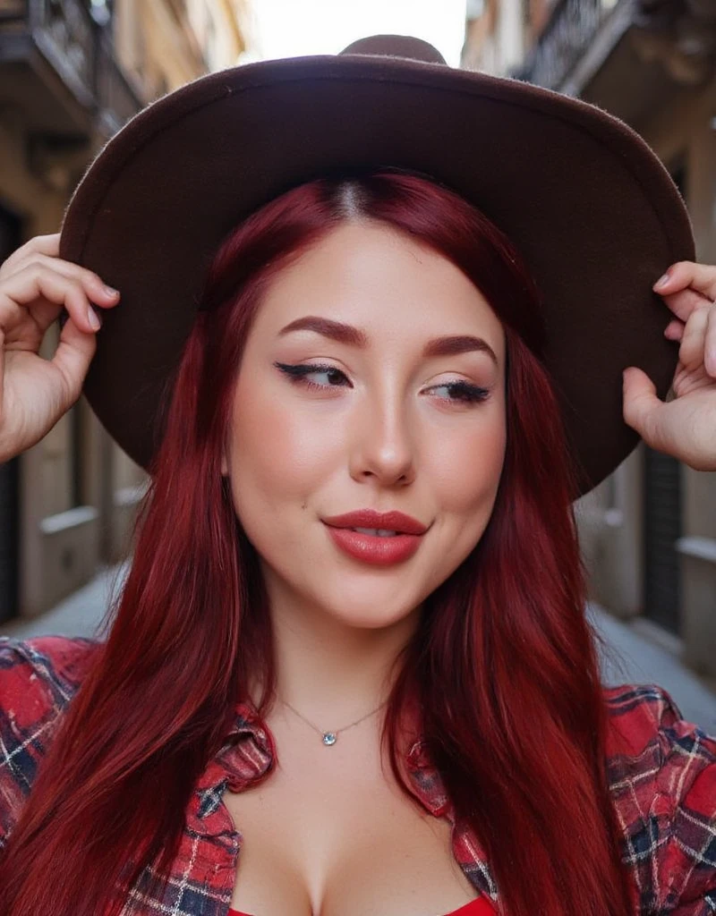 A striking portrait of Diana Zambrozuski, foto RAW, una bella joven con sombrero vaquero posando, wearing a red lumberjack shirt ,Background of Barcelona's Gothic Quarter, 8k UHD, DSLR, soft illuminaotion, Alta calidad de imagen, movie grain, Fujifilm XT3