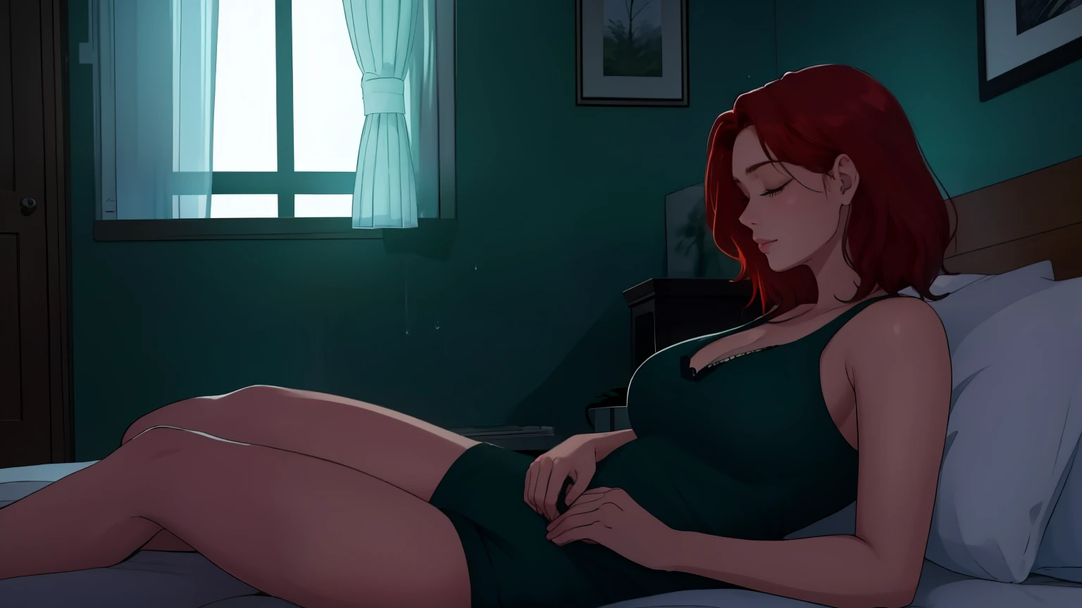 "A cozy and cinematic bedroom with a dark, rainy atmosphere. The room is illuminated by moody neon lights in shades of deep purple and soft green, casting a mysterious and calming glow on the walls. A woman with short auburn red hair is lying on the bed on her back, her body fully relaxed, with her eyes gently closed as if she is lost in peaceful rest. Outside the large glass window, heavy rain pours down, with water droplets streaming down the glass, enhancing the tranquil ambiance. She is dressed in casual, comfortable clothing, perfectly complementing the serene and introspective mood of the scene. A vintage classic TV is playing static or an old movie, adding a nostalgic and cinematic touch to the dimly lit room."