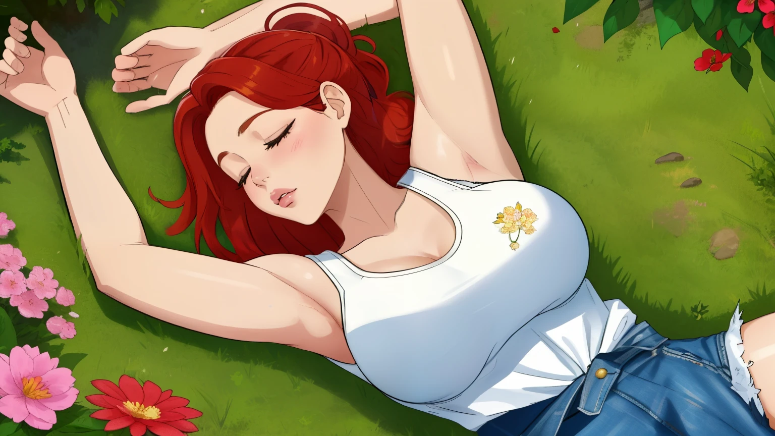 "A magical top-down view of a woman big breast with blonde red hair peacefully sleeping in the midst of a vibrant flower garden. She lies on a lush bed of colorful blossoms—pinks, purples, yellows, and whites—sprawling in a breathtaking, harmonious pattern. The woman has blonde-red hair tied back, wearing a pink tank top, denim shorts, and white sneakers. A plaid flannel shirt is tied casually around her waist, adding a touch of laid-back charm. Sunlight filters through the delicate tree branches, casting soft, golden light across the scene, enhancing the dreamy and magical atmosphere of this enchanting midday moment."
