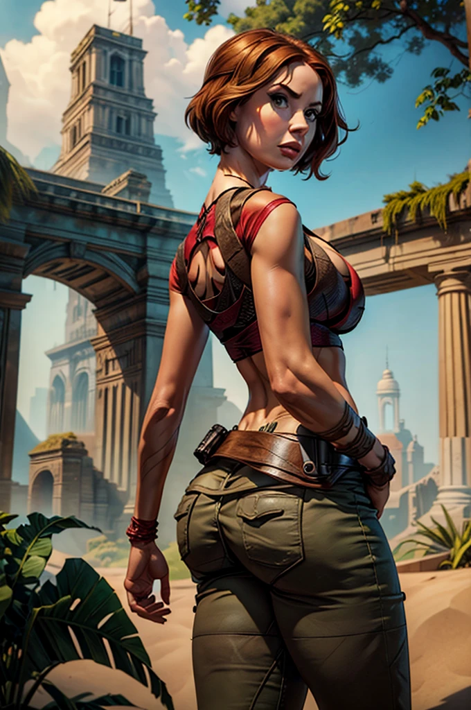 (a beautiful detailed illustration of) a sexy busty Malaysian Lara Croft wearing a hijab and a sexy explorer outfit, investigating an ancient Gold City at sunset, with a panoramic view of the city in the background. The city is adorned with intricate gold architecture, towering buildings, and winding streets. The setting sun casts a warm golden glow over the scene, creating a mesmerizing atmosphere. The focus is on Lara Croft, showing her from head to toe. She has captivating eyes that are sharp and filled with determination. Her lips are perfectly defined, adding a touch of sensuality to her appearance. Her face is flawlessly detailed, with every contour and expression expertly rendered. Her eyes are accentuated with long eyelashes that flutter with every movement. Lara Croft is wearing a hijab, symbolizing her cultural heritage and adding a unique element to her character. Her explorer outfit is fashionable and functional, consisting of a form-fitting top, cargo pants with plenty of pockets, and sturdy boots suitable for rugged terrains. As Lara explores the ancient Gold City, she encounters giant snakes slithering through the ruins. These serpents are magnificent in size, winding their way through the crumbling structures, adding an element of danger and adventure to the scene. Their scales are depicted with incredible detail, shimmering in various shades of gold and copper in the sunset light. The overall image quality is of the highest standard, with ultra-detailed artwork that captures every intricate detail of Lara, the Gold City, and the giant snakes. The rendering is photorealistic, bringing the scene to life with vivid colors and a sharp focus. The lighting is designed to create a dramatic atmosphere, showcasing the beauty and mystery of Lara's exploration.