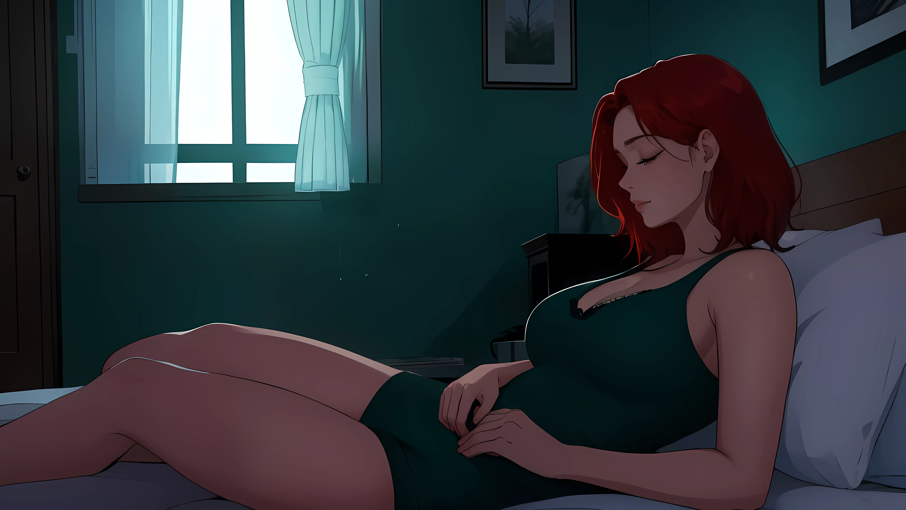 "A cozy and cinematic bedroom with a dark, rainy atmosphere. The room is illuminated by moody neon lights in shades of deep purple and soft green, casting a mysterious and calming glow on the walls. A woman with short auburn red hair is lying on the bed on her back, her body fully relaxed, with her eyes gently closed as if she is lost in peaceful rest. Outside the large glass window, heavy rain pours down, with water droplets streaming down the glass, enhancing the tranquil ambiance. She is dressed in casual, comfortable clothing, perfectly complementing the serene and introspective mood of the scene. A vintage classic TV is playing static or an old movie, adding a nostalgic and cinematic touch to the dimly lit room."